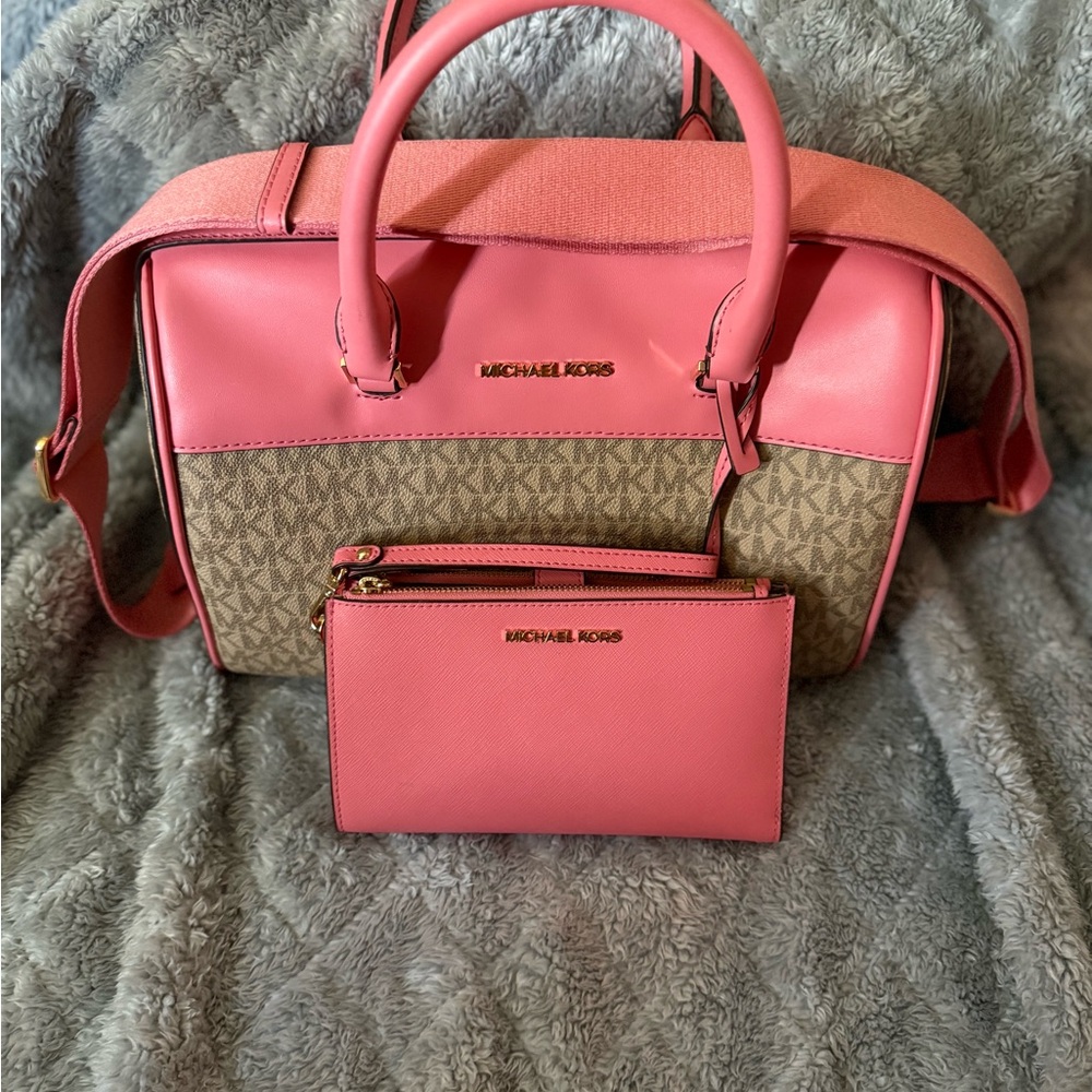 Michael Kors Pink and Tan Satchel Set (wallet&bag)